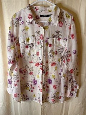 Lauren Ralph Lauren White Floral Button-Up Shirt with Pink Yellow Purple Blooms